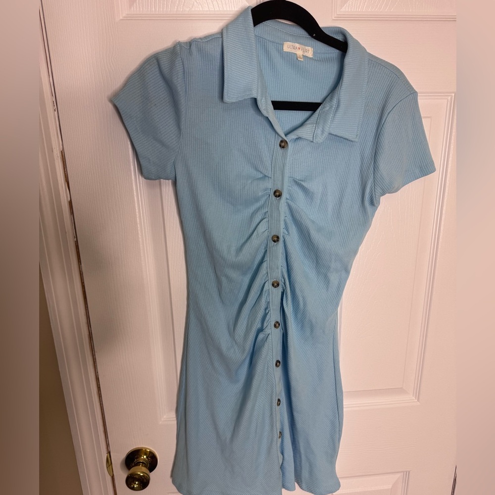 Light Blue Ribbed Button-Front Dress